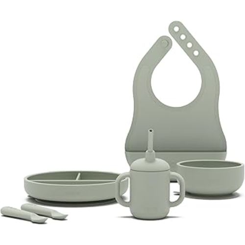 Amazon.com: Lalo First Bites Silicone Baby Feeding Set - Baby Led Weaning Supplies - Non-Toxic Silicone - Includes 1 Bib, 2 Spoons, Training Cup, Suction Plate and Bowl - 6 Pieces - Blueberry : Baby