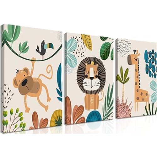 AKWISH Safari Jungle Nursery Wall Decor Set of 3 - Framed Animal Canvas Wall Art for Baby Room, Toddler Boy or Girl Bedroom, Cute Safari Themed Baby Nursery Decor 12x16in