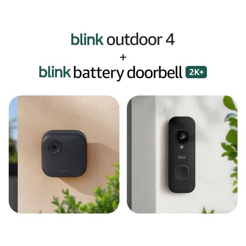 Blink Outdoor 4 and Battery Doorbell 2K+ (newest model) — Two-year battery 1080p cameras and 2K battery doorbell. Sync Module Core included — 3 Cameras + Doorbell (Black)