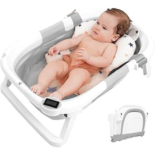 Collapsible Baby Bathtub for Newborn,Baby Bath Tub with Soft Cushion & Real-Time Thermometer, Portable Travel Baby Tub for Infants to Toddler for Baby 0-36Month,Grey