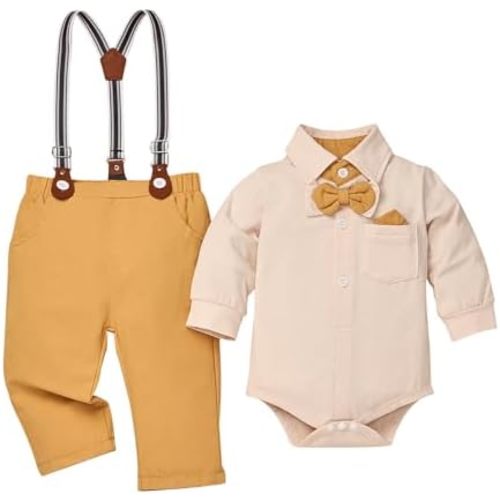 Baby Boy Clothes Gentleman Outfits Infant Bodysuit Long Sleeve Shirt with Bowtie Suspender Pants Suits Set 0-18M