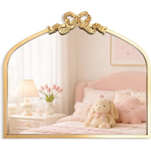 Gold Bow Mirror 24” x 28” Vintage Arched Vanity Wall Decorative Mirror with Metal Frame Antique Baroque Bow Decor for Home Dressing Table Entryway Bathroom Hallway Living Room