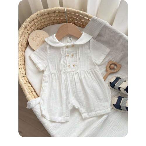 Baby Boy Solid Color Peter Pan Collar Short Sleeve Romper With Shorts, Versatile Casual | SHEIN USA