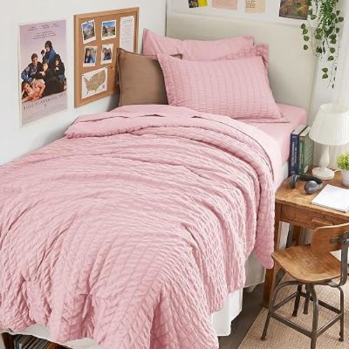 HYMOKEGE Pink Twin Comforter Set Seersucker 5 Pieces, All Season Luxury Bed in a Bag for Bedroom, Bedding Set with Comforters, Sheets, Pillowcase & Sham