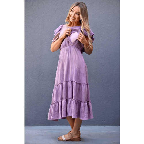 Cotton Gauze Ruffle Midi Dress- Lavender – Nursing Queen