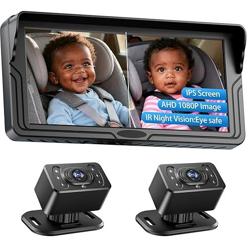 Dual Baby Car Camera for 2 Kids - 6.86 Inch IPS AHD 1080P Split Screen Monitor with 2 Backseat Cameras, Cigarette Lighter & USB Powered, IR Night Vision, 360° Rotatable, Double Rear-Facing Mirror