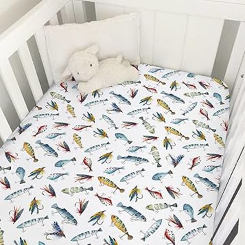 Watercolor Lures Flys Baby Crib Sheets for Boys Girls Fishermen Lures Hooks Soft Snug Fitted Crib Mattress Covers for 52''x28'' Standard Crib & Toddler Mattress Fishing Lovers Gift Baby Bed Sheets