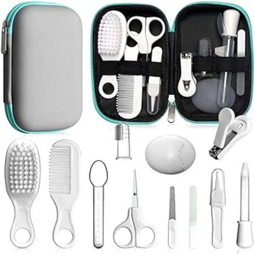 Baby Grooming Kit - 12 in 1 Nursery Essentials Baby Registry Shower Gift for Newborns, Infants, Toddlers, Boys, Girls Kids-Safety Baby Comb, Brush, Finger Toothbrush, Nail Clippers, Scissors(Blue)