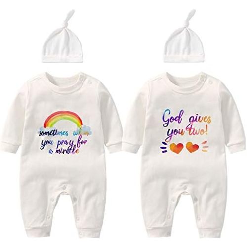 YSCULBUTOL Baby Twins Bodysuit Double Rainbow All The Way Baby Birthday Clothing Infant Romper Hat Set
