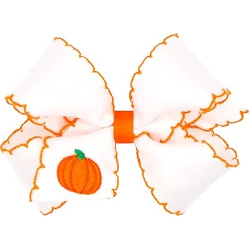 Wee Ones Girls' Toddler Thanksgiving Harvest and Farm-themed Grosgrain Hair Bows in Fall Prints or Moonstitch Embroidery on WeeStay no-slip clip, Medium, Pumpkin Stitch