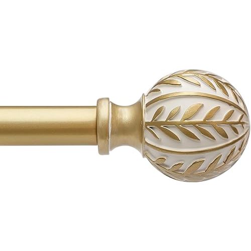 QDWIS Gold Curtain Rods for Windows 48 to 84 inch,1" Adjustable Heavy Duty Window Curtain Rod with Leaf Finials,Rustic Decorative Drapery Rods Set,Size:36-88''