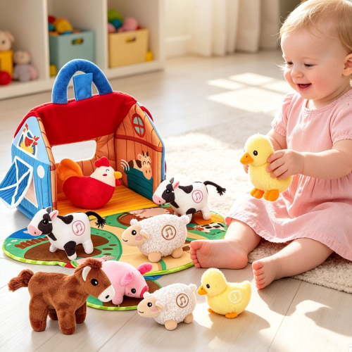 Farm Plush Toy Playset, Interactive Educational Barn with Realistic Farm Sounds and 6 Animal Figures