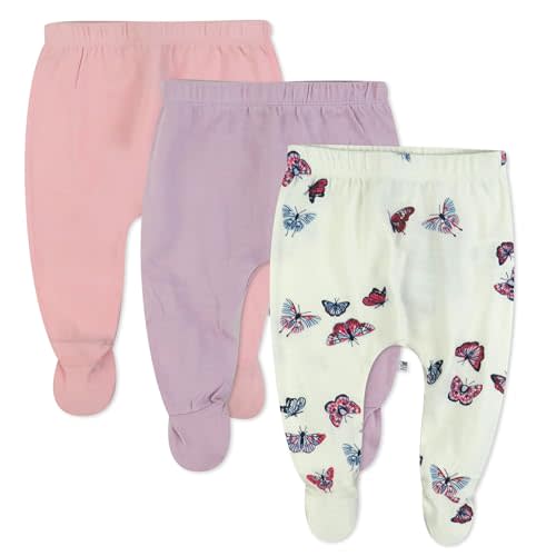 HonestBaby 3-pack Footed Pants Roomy Fit Pull on Bottoms 100% Organic Cotton for Infant Baby Boys, Girls, Unisex