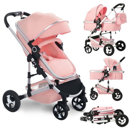 LINLUX 2 in 1 Baby Stroller w/ Diaper Bag & Big Wheel, Infant Pushchair, 23 Pounds, Pink