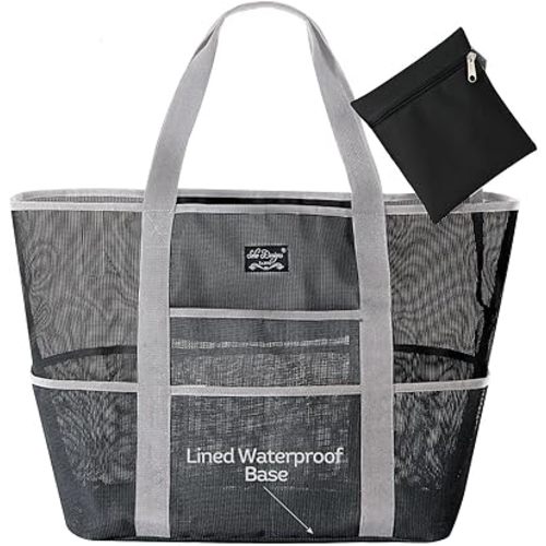 SoHo Collection, Mesh Beach Bag – Toy Tote Bag – Large Lightweight Market, Grocery & Picnic Tote with Oversized Pockets (Black and Gray)