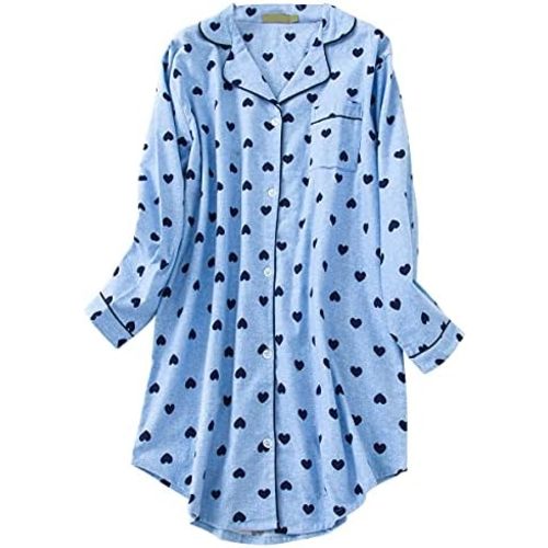 Shymay Women's Flannel Cotton Nightgown Button Down Nightshirt Long Sleeve Sleep Shirt Dress Sleepwear Pajama Top