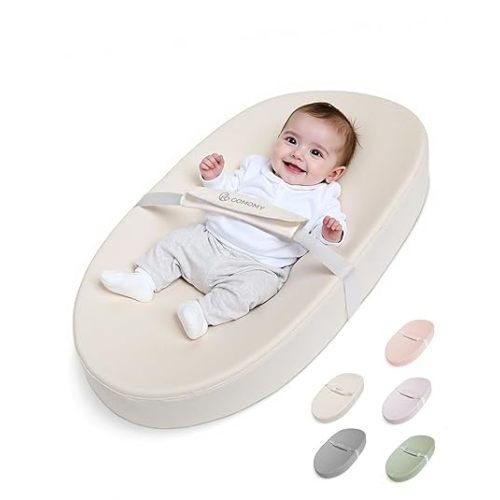 COMOMY Baby Changing Pad with Wipeable & Waterproof PU Cover, Contoured Diaper Changing Pad for Dresser with Non-Slip Safety Belt, Portable and Lightweight, Large Cushioned Foam, Beige