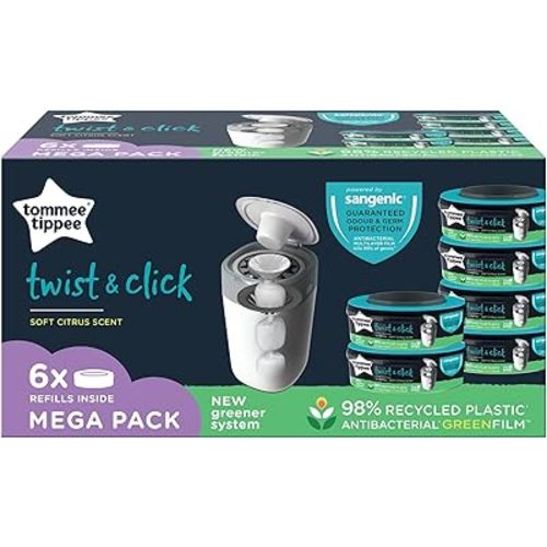 Tommee Tippee Twist and Click Advanced Nappy Bin Refill Cassettes, Sustainably Sourced Antibacterial GREENFILM, Pack of 6