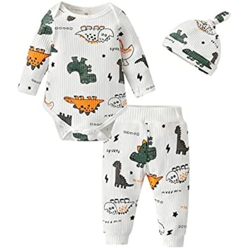 Newborn Baby Boy Clothes Dinosaur Print Knitted Romper + Pant + Hat Outfit Set