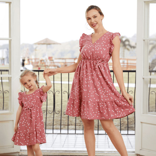 PatPat Mommy and Me Dresses Family Matching Outfits All Over Dots Pink Cross Wrap V Neck Ruffle Flutter-sleeve Dress for Mom and Me Clothes for Women and Girl Dress