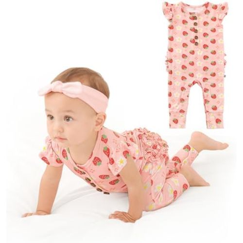 Baby Newborn Ruffled Cap Sleeve Button Snap One-Piece Baby Clothes fFootless Ultra Soft Rompers 0-36 Months