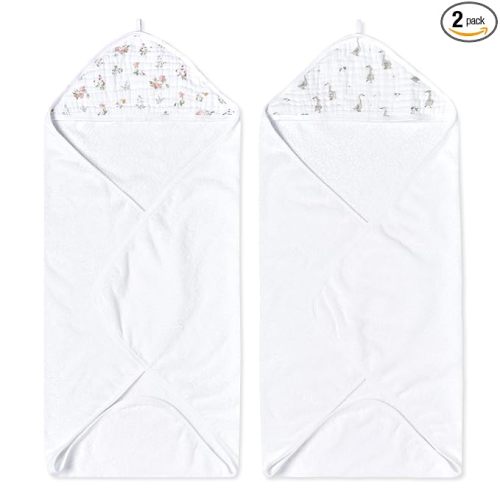 aden + anais Essentials Hooded Baby Bath Towel, Super Soft 100% Cotton, 2 Pack, Country Floral