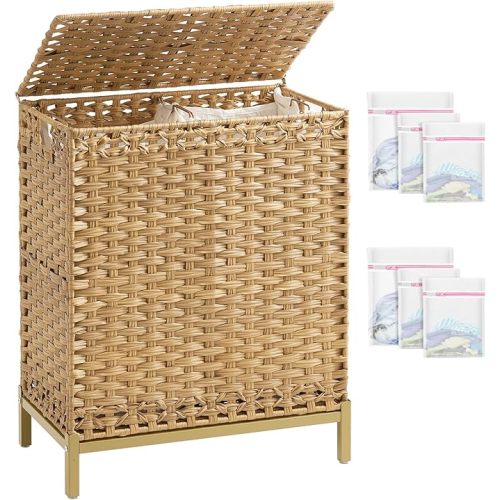 Laundry Hamper with Lid, 112 L Handwoven Rattan Wicker Laundry Basket, 2 Removable Liner Bags Metal Heightened Feet, 6 Mesh Bags, 2 Section Large Clothes Hamper for Bathroom Bedroom, Natural