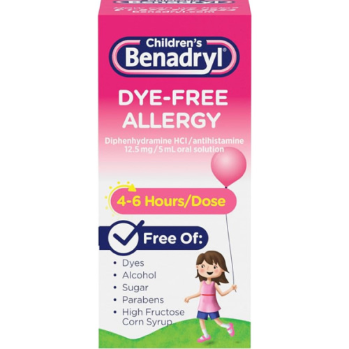 Children's Benadryl Dye-Free Allergy Relief Liquid + 12.5 mg Diphenhydramine HCl, Antihistamine Allergy Medicine for Kids Helps Relieve Runny Nose & Sneezing, Bubble Gum Flavor, 4 fl. oz