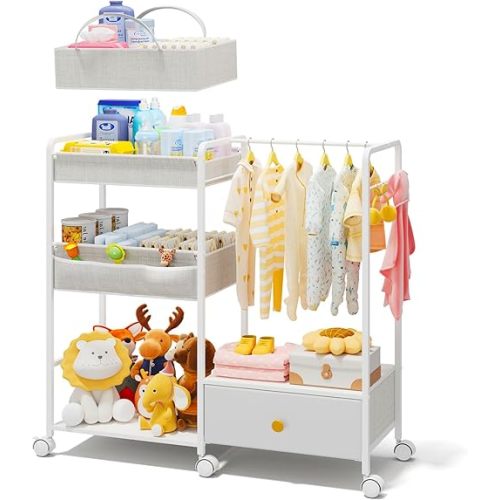 BBLIKE 3in1 Diaper Caddy Organizer - Diaper Caddy & Rolling Diaper Cart with Kids Clothing Rack for Nursery and Baby Essentials, Multi-Function Utility Cart for Bedroom and Bathroom, White