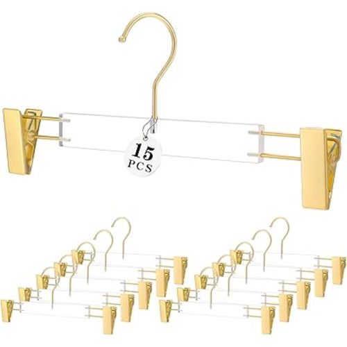 Besser 15 Pack Gold Clear Hangers,Acrylic Clothes Hangers,Skirt Dress Hanger with Gold Clips,Pants Hangers for Closet Storage
