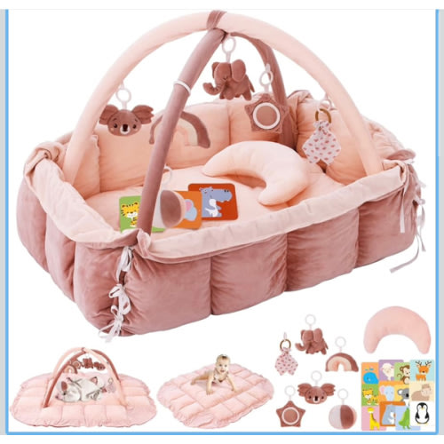 5-in-1 Plush Baby Play Gym & Activity Mat, Baby Play Mats, Baby Gym with Convertible Design, Tummy Time Mat with Pillow, 6 Sensory Toys for Newborn to Toddler, Pink