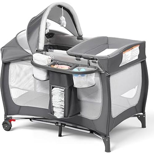Kinder King 4 in 1 Portable Pack and Play, Baby Playard w/Bassinet, Large Playpen for Infant and Toddler, Newborn Changing Table, Adjustable Canopy, Storage Basket, Travel Bag, Grey