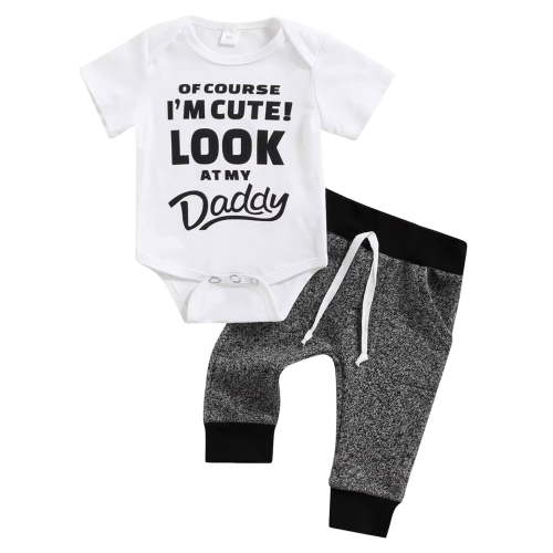 Ulanda Baby Boy Funny Letters Print Short Sleeve Bodysuit Romper Pants Summer Outfit Set (White, 0-3 Months)