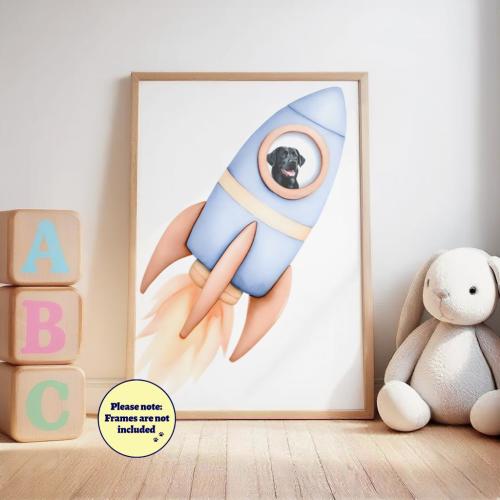 Black Labrador Nursery Wall Art, Blue Space Rocket Dog Print