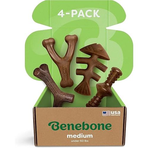Benebone Medium 4-Pack Dog Chew Toys for Aggressive Chewers, Made in USA, 60lbs and Under