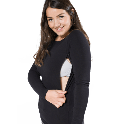 LONG-SLEEVED MILKY TEE® BREASTFEEDING TOP - PLAIN BLACK – The Milky Tee Company