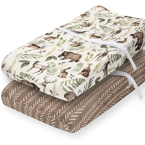 Pobibaby - 2 Pack Premium Changing Pad Cover - Ultra-Soft Cotton Blend, Stylish Woodland Pattern, Safe and Snug for Baby (Wildlife)