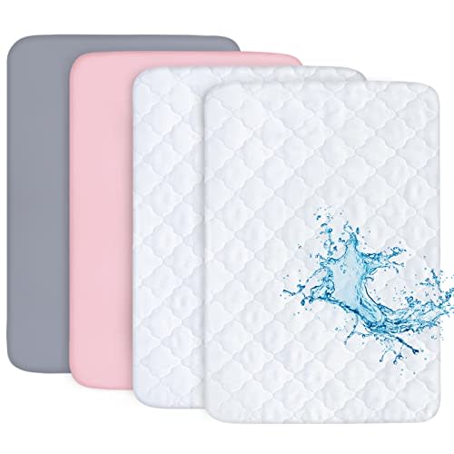 Biloban Pack n Play Sheets and Waterproof Mattress Protector, Grey&Pink, Breathable, Washable, Water Proof, 4 Pack