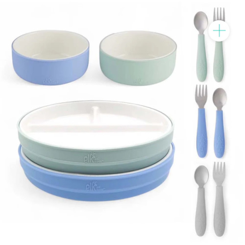 Kids Porcelain Mealtime Bundle | Normal Sleeves | 7.8" Plates, Bowls + Toddler Utensils | 10 Pcs | Sage/MistyBlue