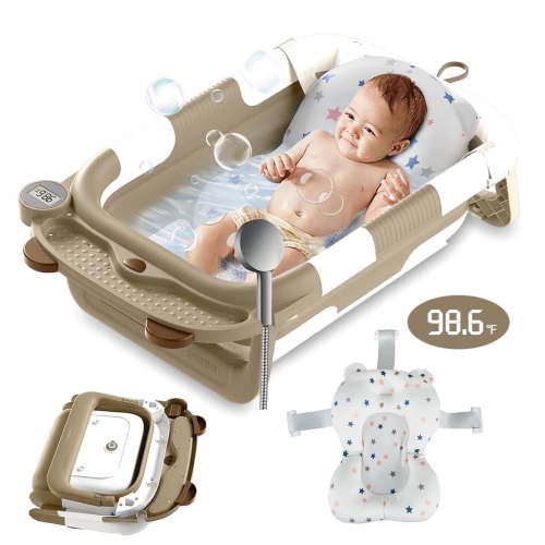 Foldable Baby Bathtub Portable Infant Baby Bath Tub with Thermometer and Shower Hole(Coffee+ Pad)