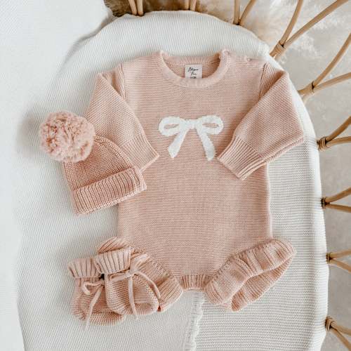 Bow Long Sleeve Frill Leg Romper & Beanie Bundle