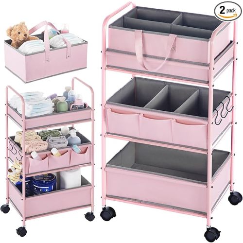 Honeydak 2in1 Baby Diaper Caddy Organizer Cart 3 Tier Large Capacity Metal Utility Bedside Rolling Cart with Divider Newborn Registry Nursery Essential Must Have Crib Bedroom Baby Shower(Pink)