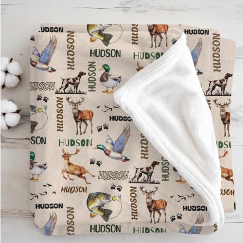 Personalized Hunting Fishing Blanket, Custom Baby Boy Name Blanket, Deer Duck Bass Toddler Gift,Outdoors Nursery Bedding,Baby Shower Present