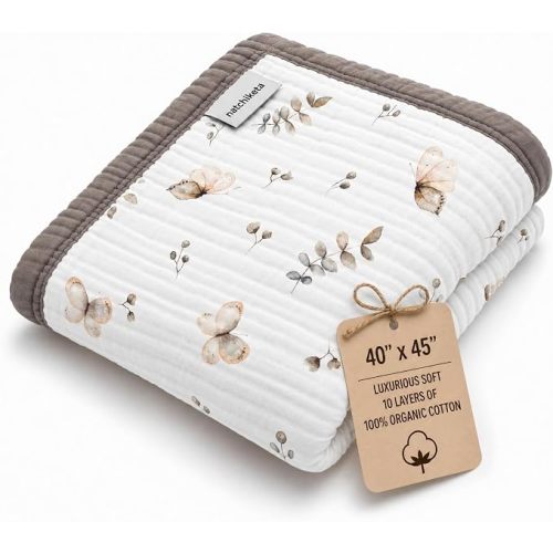 Organic Cotton Muslin Baby Blanket for Boys and Girls - Luxurious Soft Toddler Quilt for Swaddling - Gender Neutral Blanket - Baby and Toddler Gift - Neutral Floral