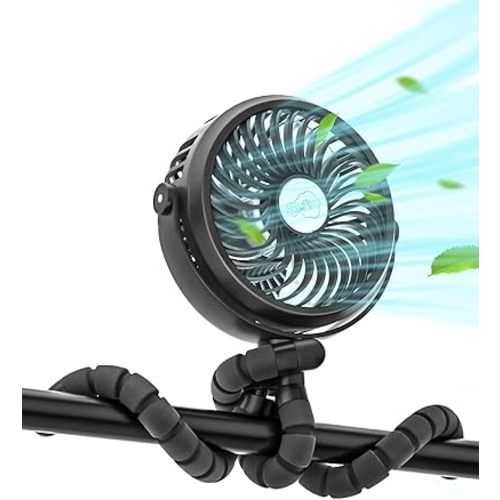 Creiv Stroller Fan, Baby Stroller Fans Clip On Car Seat, Battery Operated Portable Fan with 3 Level Wind Speeds and LED Lighting Available for Stroller, Car Seat and more (BLACK)