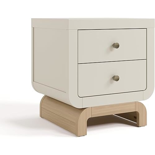 Storkcraft Santorini 2 Drawer Nightstand (Frosted Oat & Driftwood) - GREENGUARD Gold Certified Nightstand for Kids Bedroom, Premium Wood with Curved Base, “Champagne” Metal Knobs
