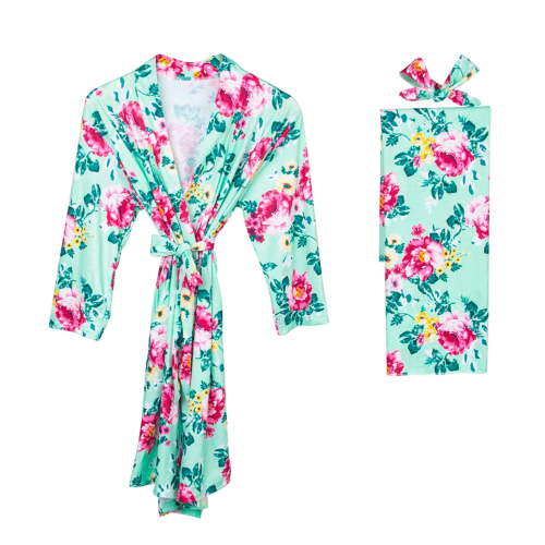 Lovskoo Hospital Delivery Maternity Robe And Matching Baby Set Labor Robe And Baby Swaddle Blanket Set Blue