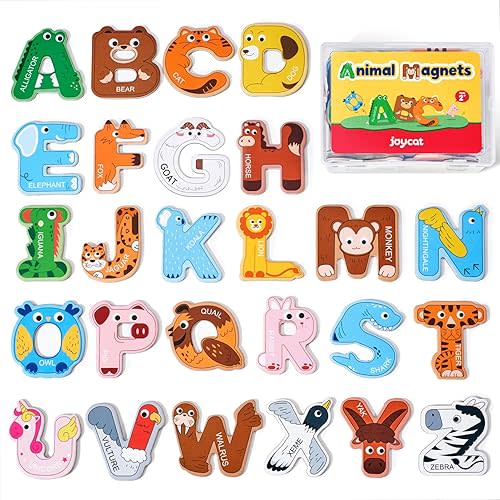 JoyCat Wooden Thick Alphabet Magnets for Toddlers Fridge Large Size Cute Animal Colorful ABC Magnetic Letters 26 Uppercase Letters Educational Toy Set for Kids Toddlers Preschool Learning Spelling