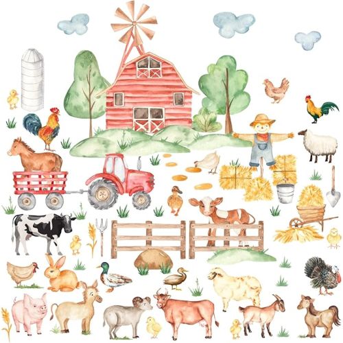 Watercolor Farm Animal Wall Stickers Cartoon Animal Wall Decals Cow Horse Chicken Rooster Wall Stickers Peel and Stick Cute Funny Animal Wall Decals for Bedroom Nursery Playroom Decor