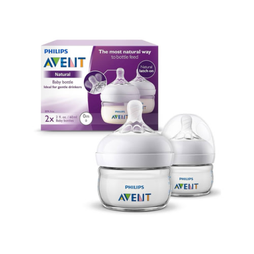 Philips Avent Natural Baby Bottles, with First Flow Nipple, 2OZ/60ML, 2 Pack, SCF019/25